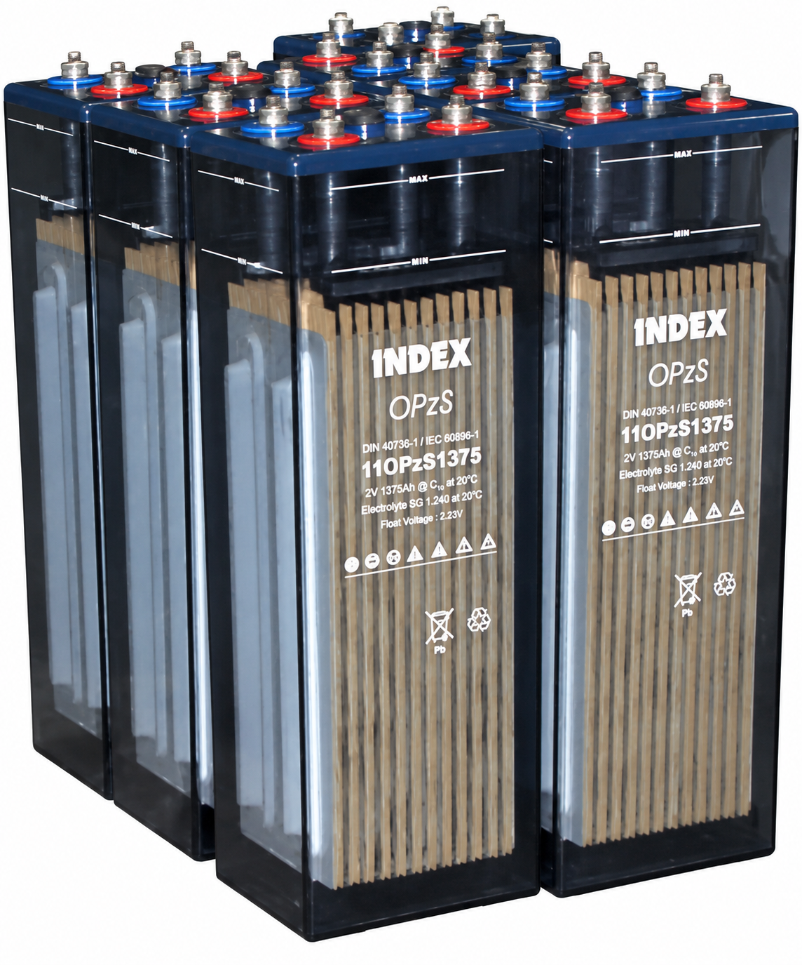 OPzS renewable energy storage battery cells on a white background
